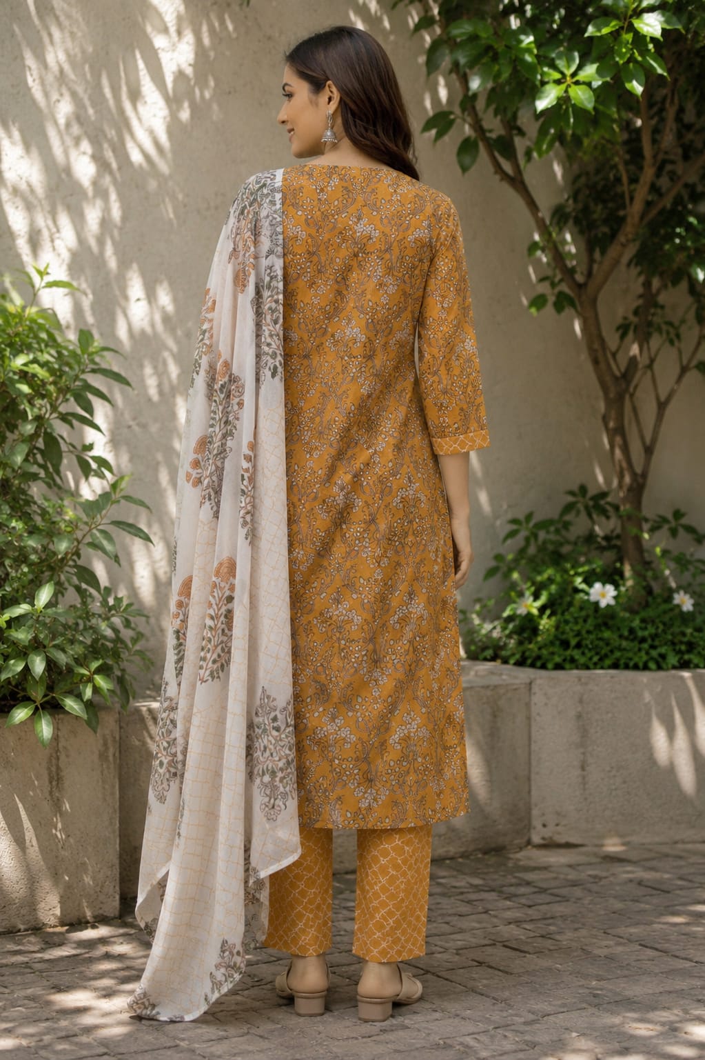 Peach Floral Printed Cotton Kurta Pant Set