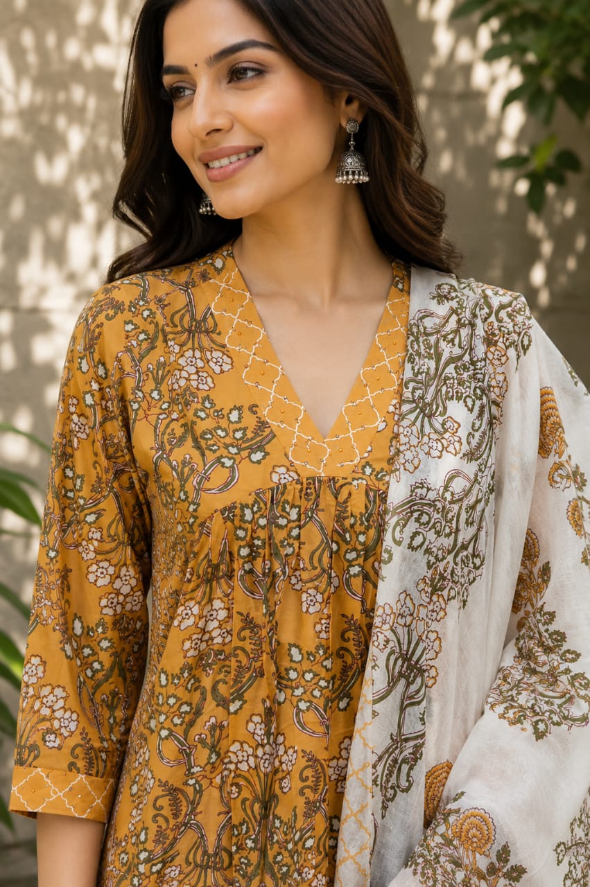 Peach Floral Printed Cotton Kurta Pant Set