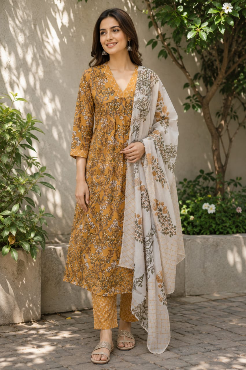 Peach Floral Printed Cotton Kurta Pant Set