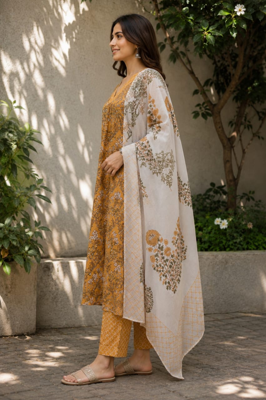 Peach Floral Printed Cotton Kurta Pant Set