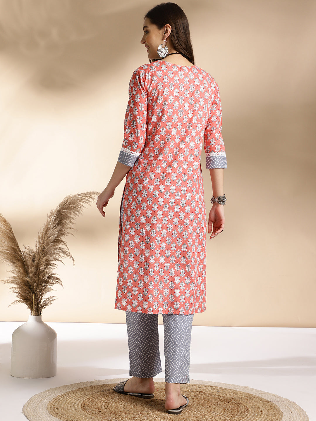 Peach Floral Printed Kurta Set with Grey Pants