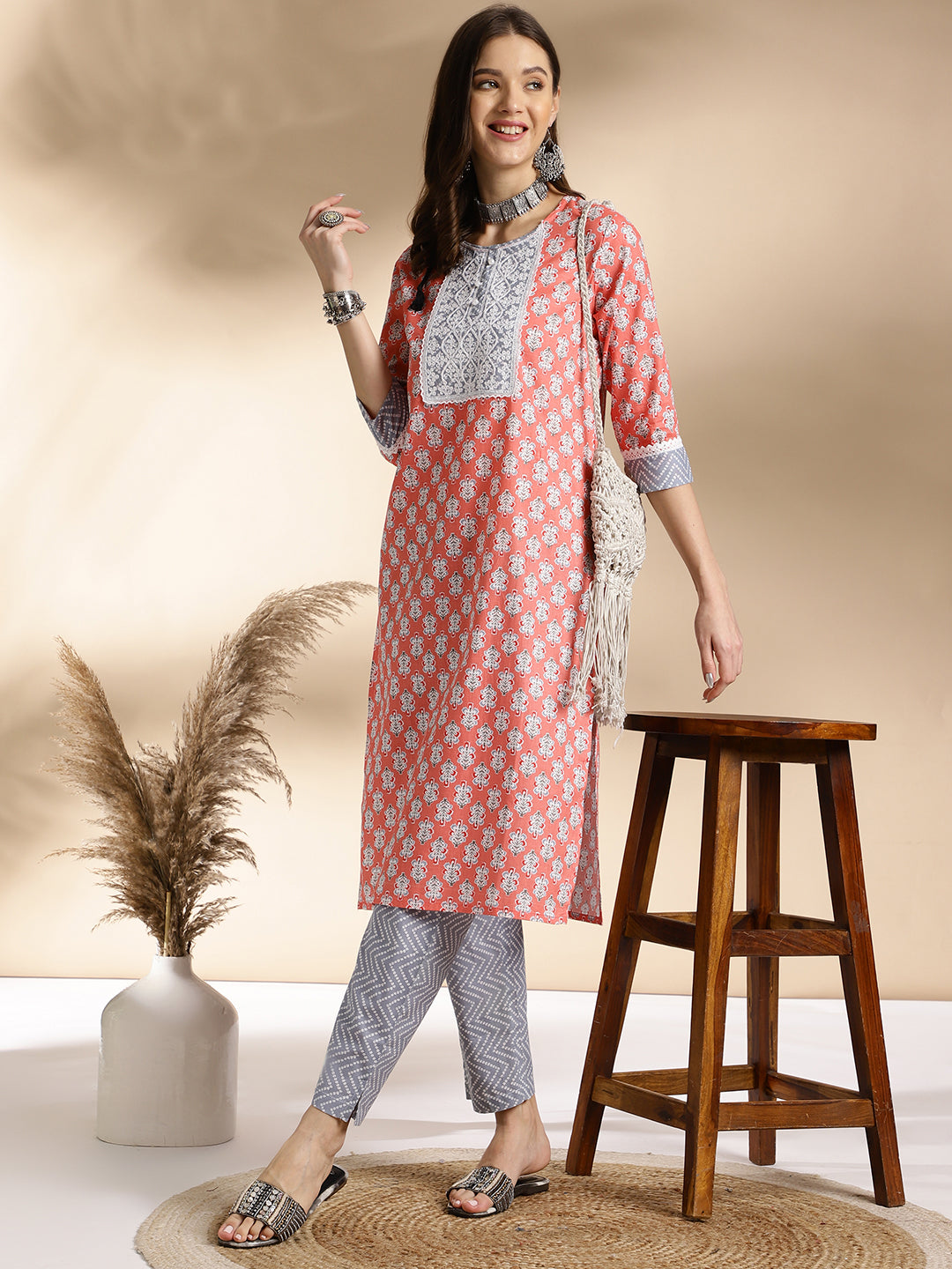 Peach Floral Printed Kurta Set with Grey Pants