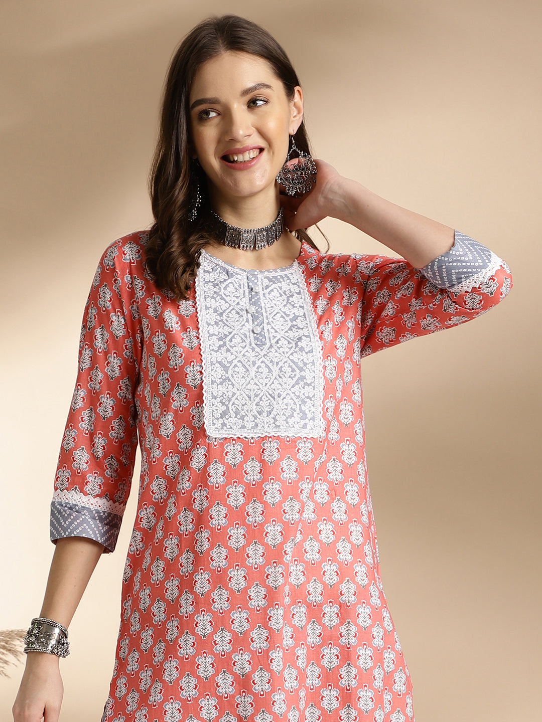 Peach Floral Printed Kurta Set with Grey Pants