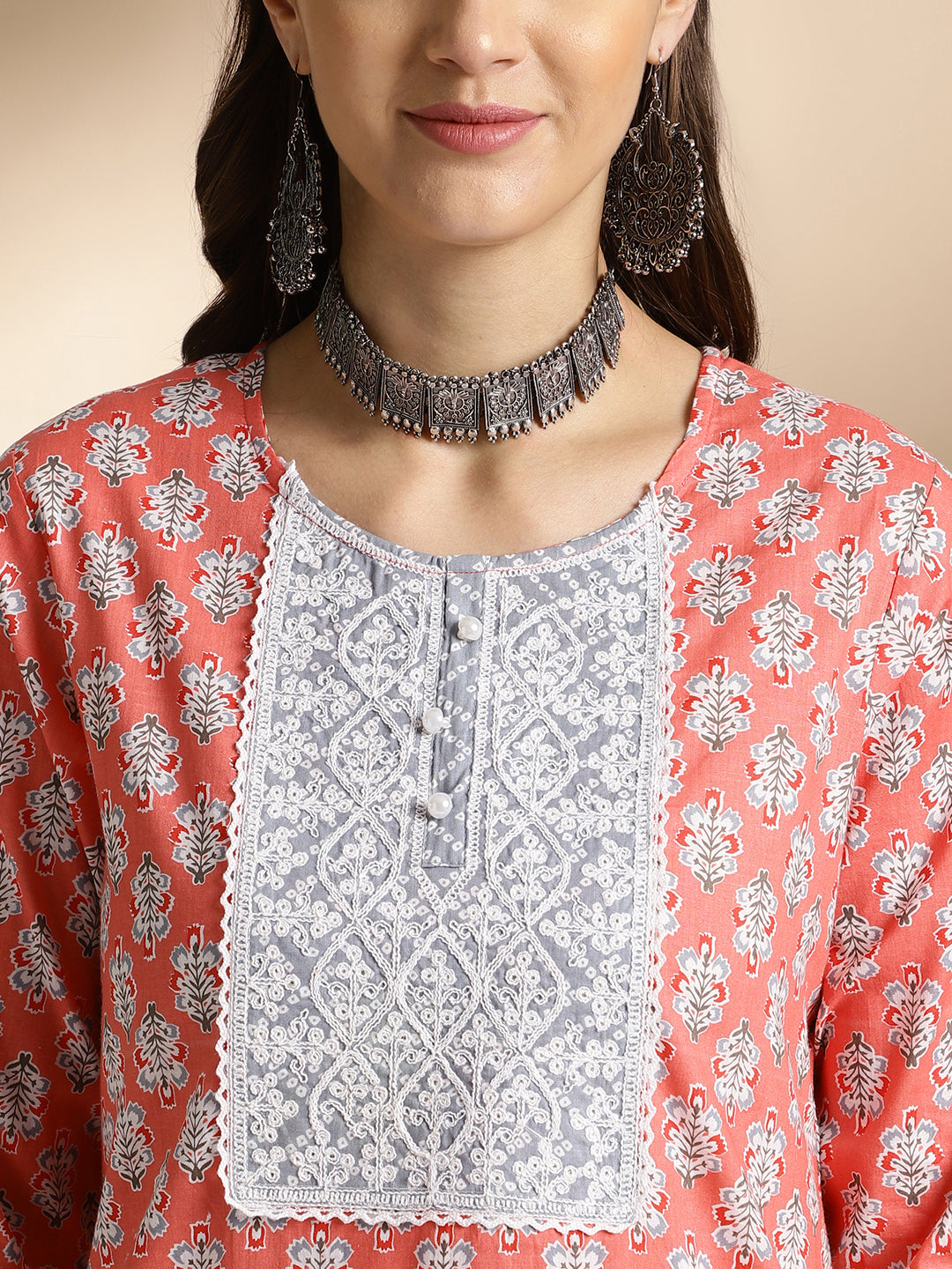 Peach Floral Printed Kurta Set with Grey Pants