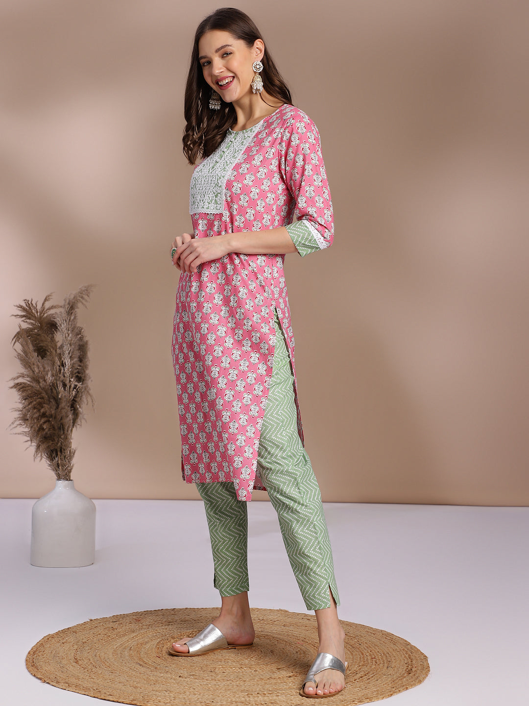Pink & Green Printed Cotton Kurta Set