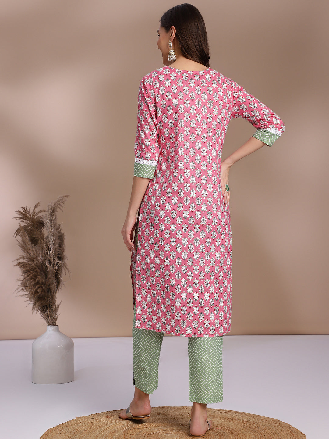 Pink & Green Printed Cotton Kurta Set
