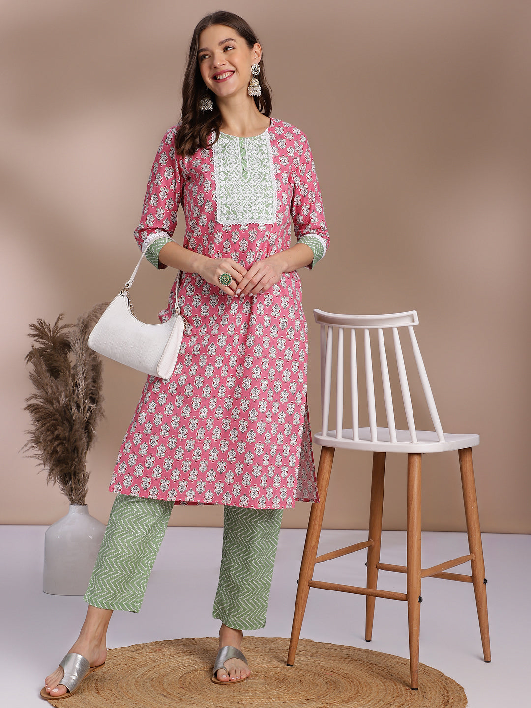 Pink & Green Printed Cotton Kurta Set