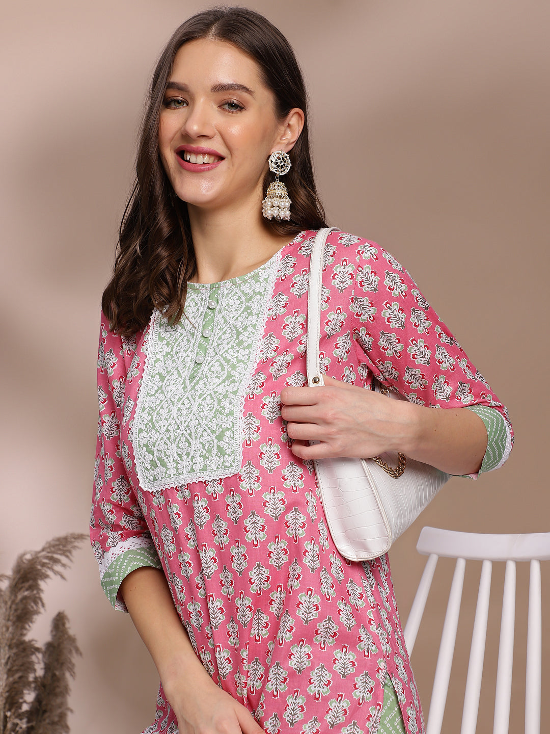 Pink & Green Printed Cotton Kurta Set