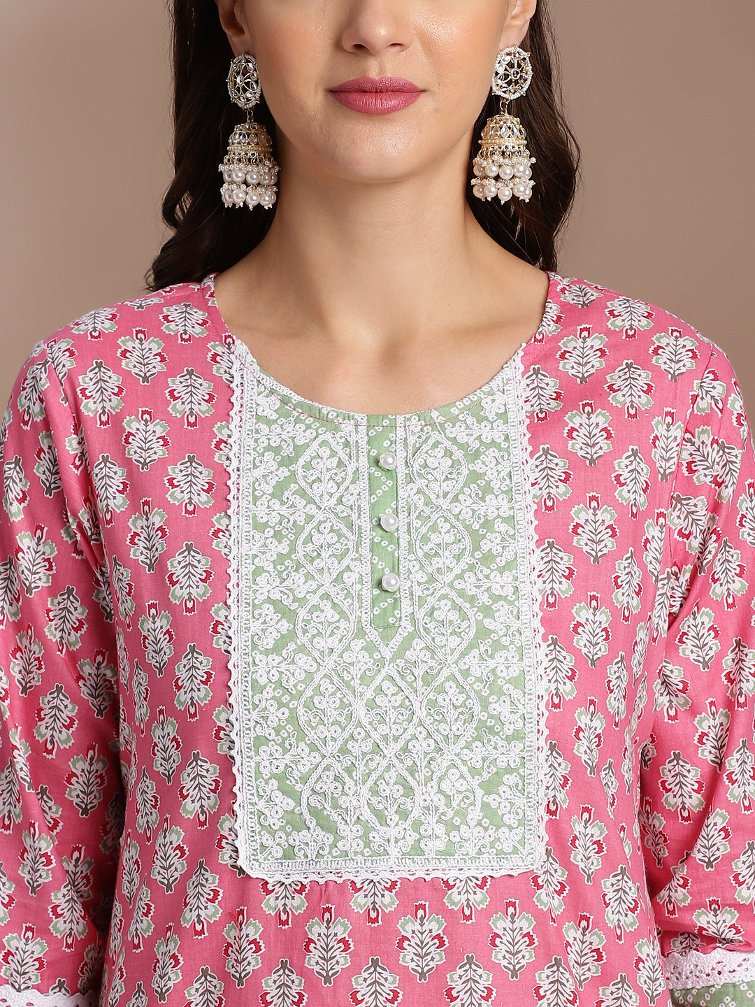 Pink & Green Printed Cotton Kurta Set