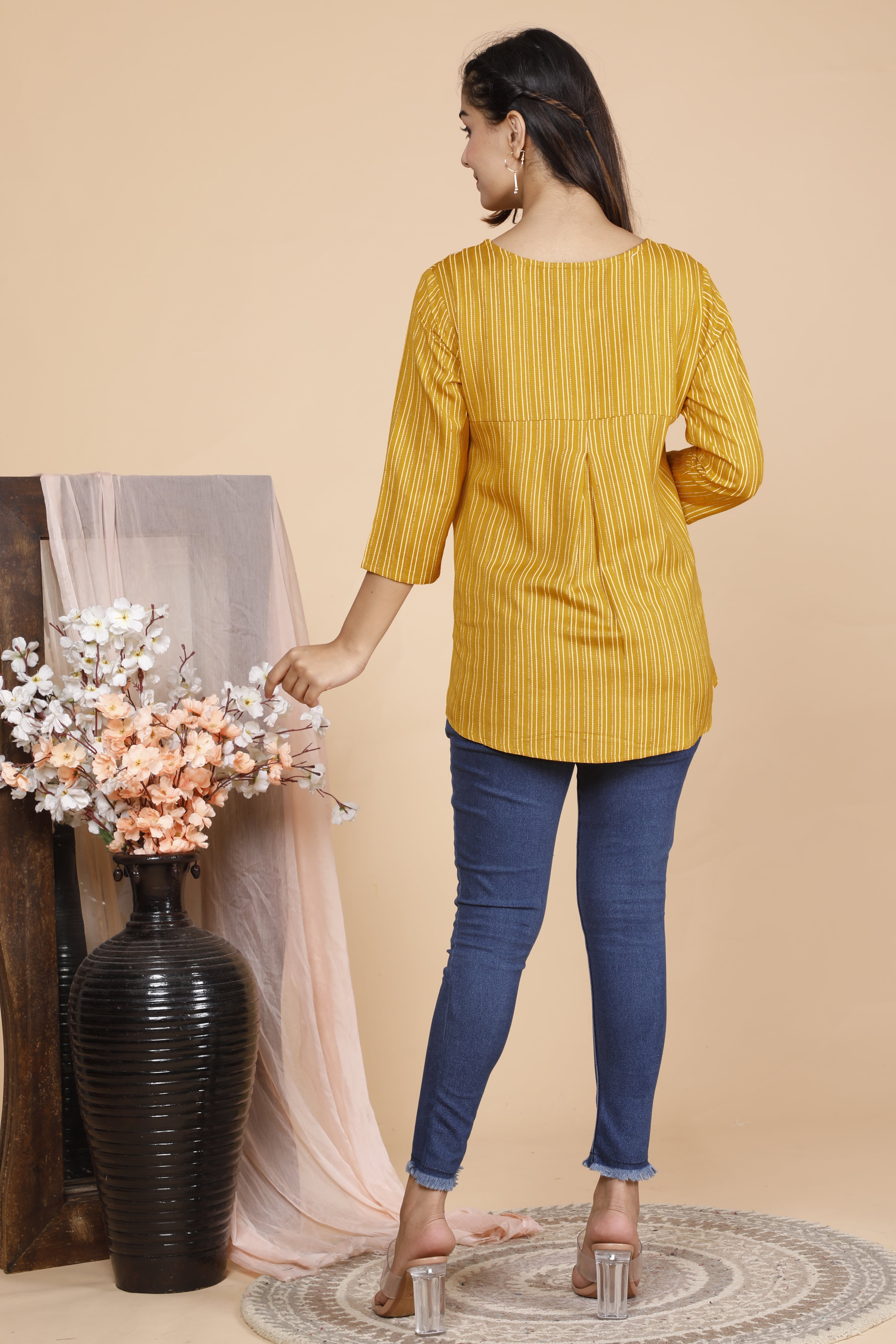 Mustard Yellow Rayon Flex Embroidered Top
