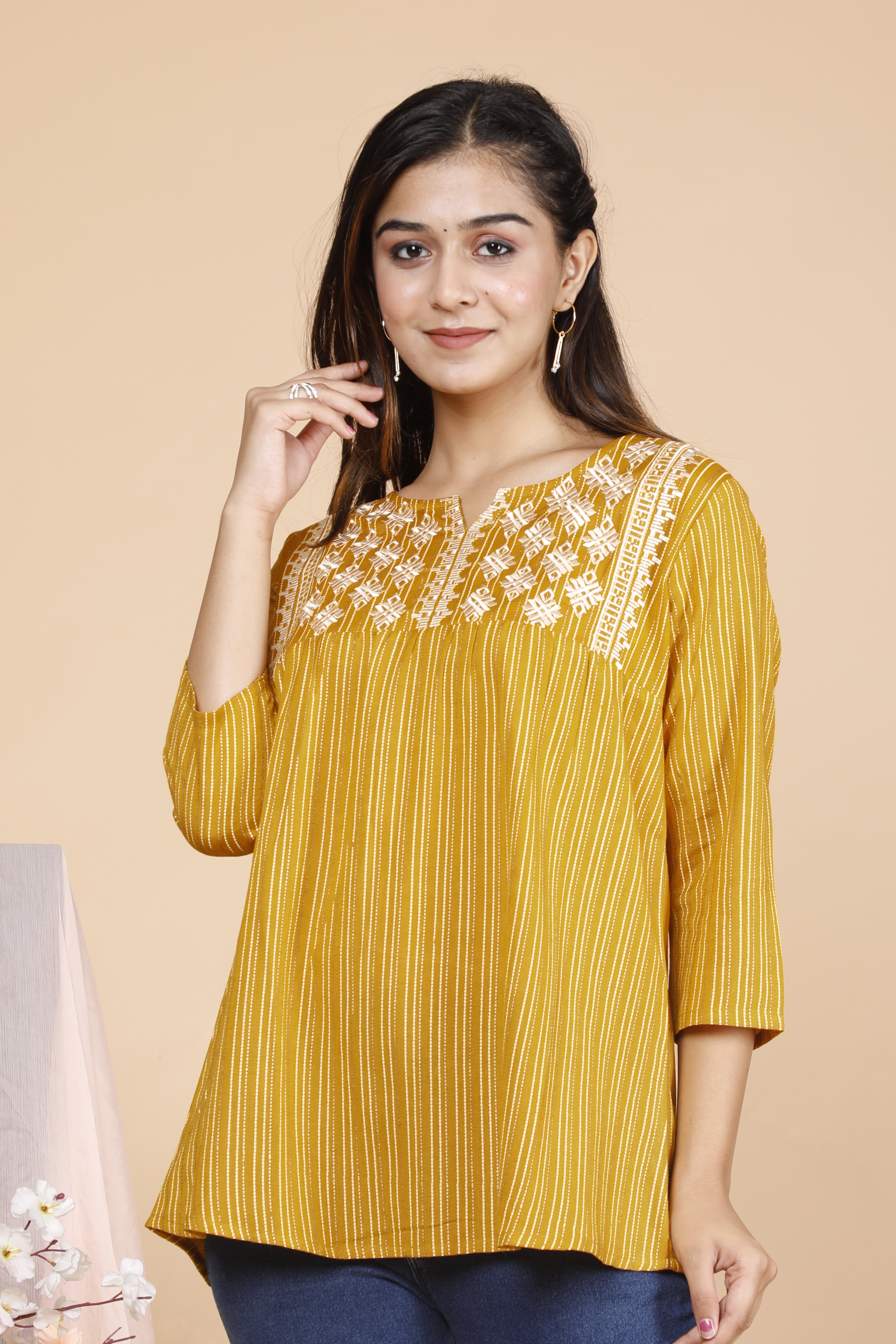Mustard Yellow Rayon Flex Embroidered Top