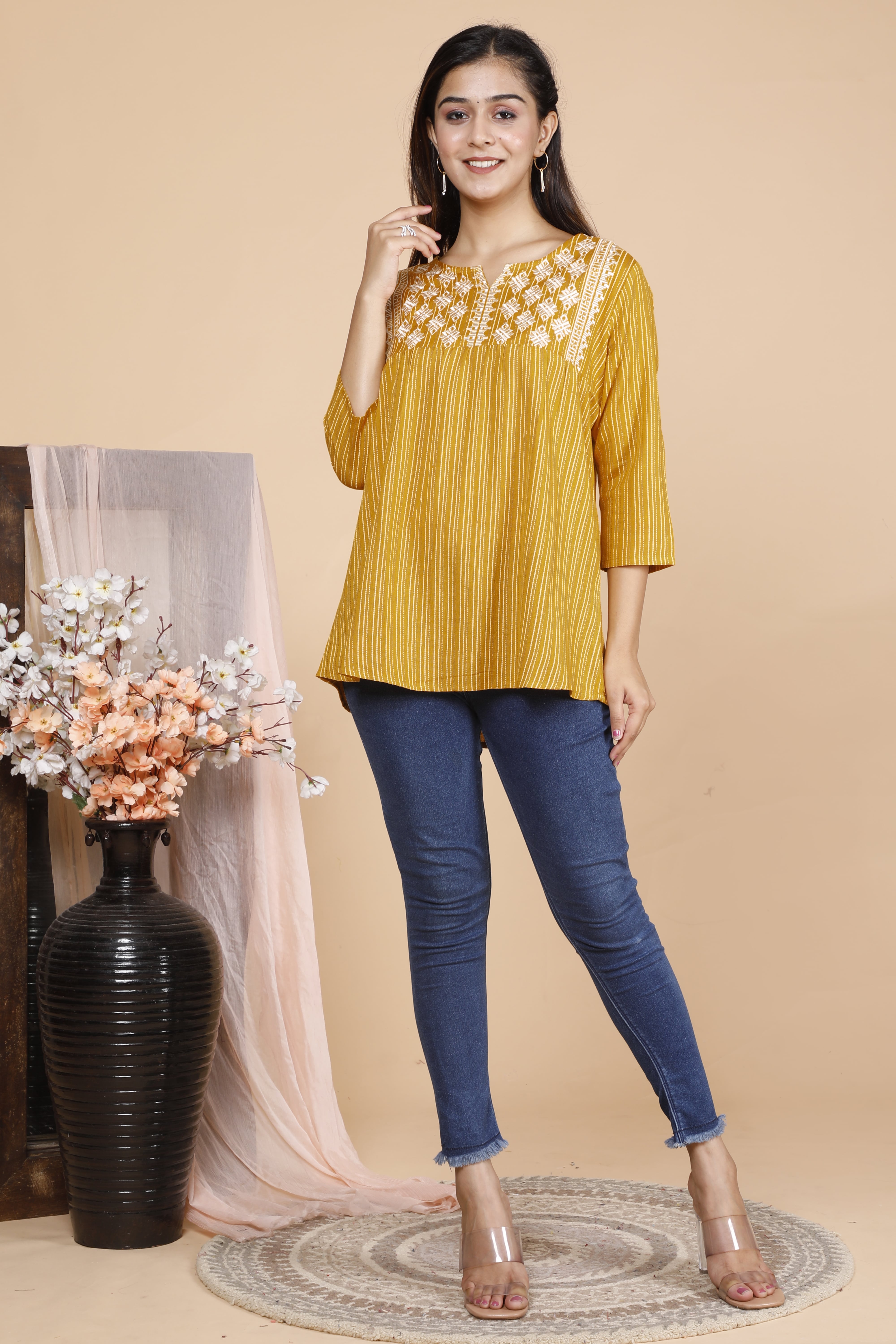 Mustard Yellow Rayon Flex Embroidered Top