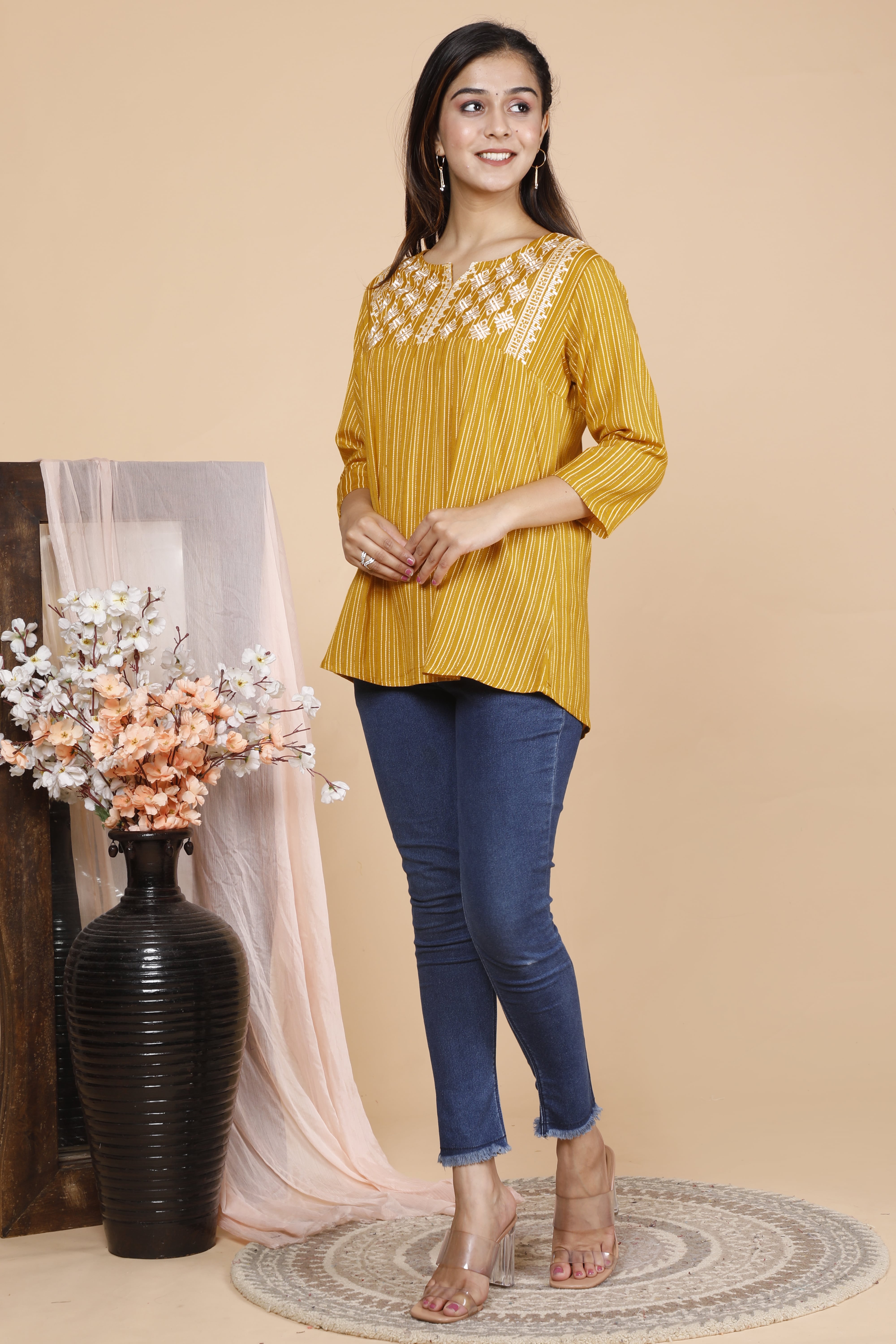 Mustard Yellow Rayon Flex Embroidered Top