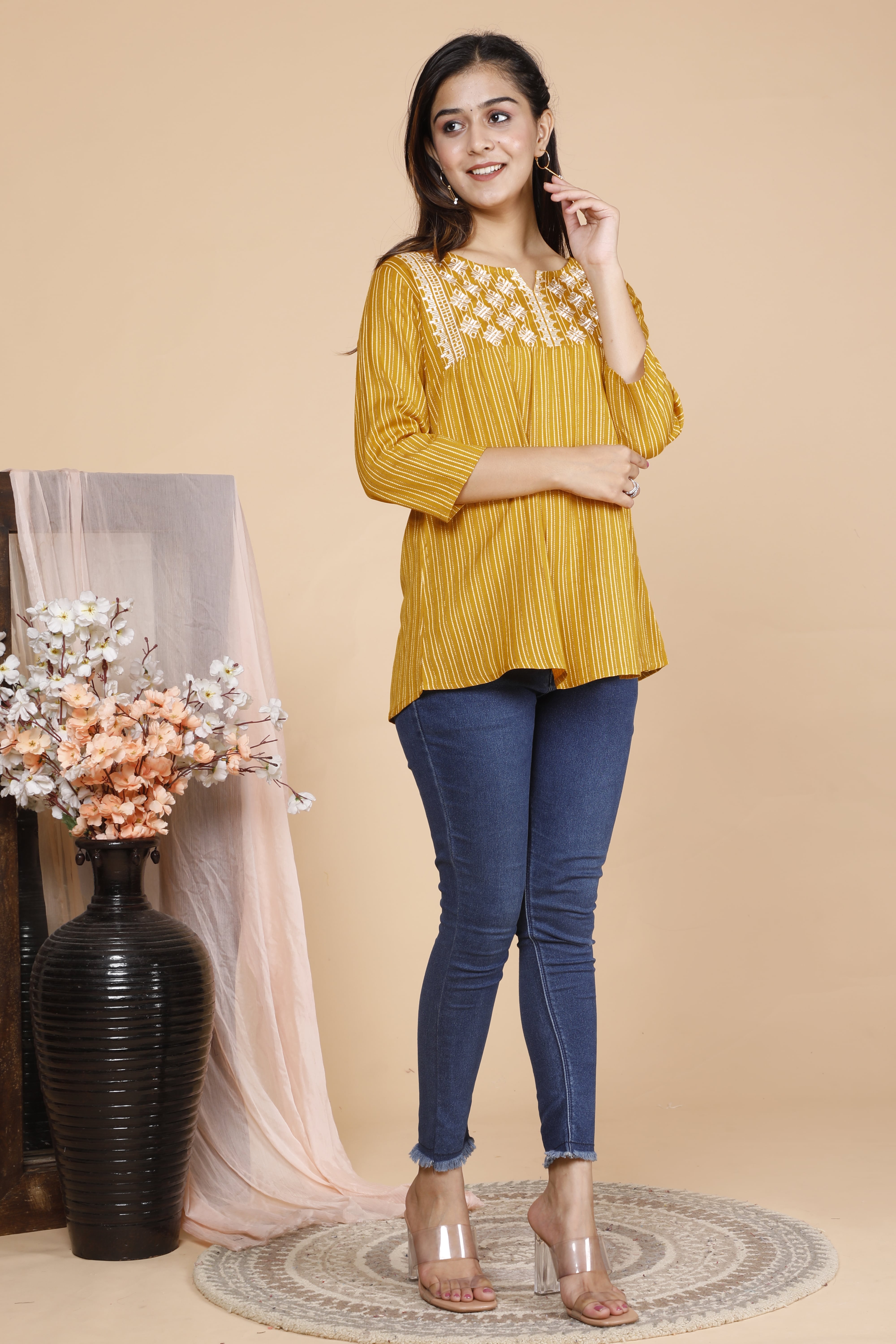 Mustard Yellow Rayon Flex Embroidered Top