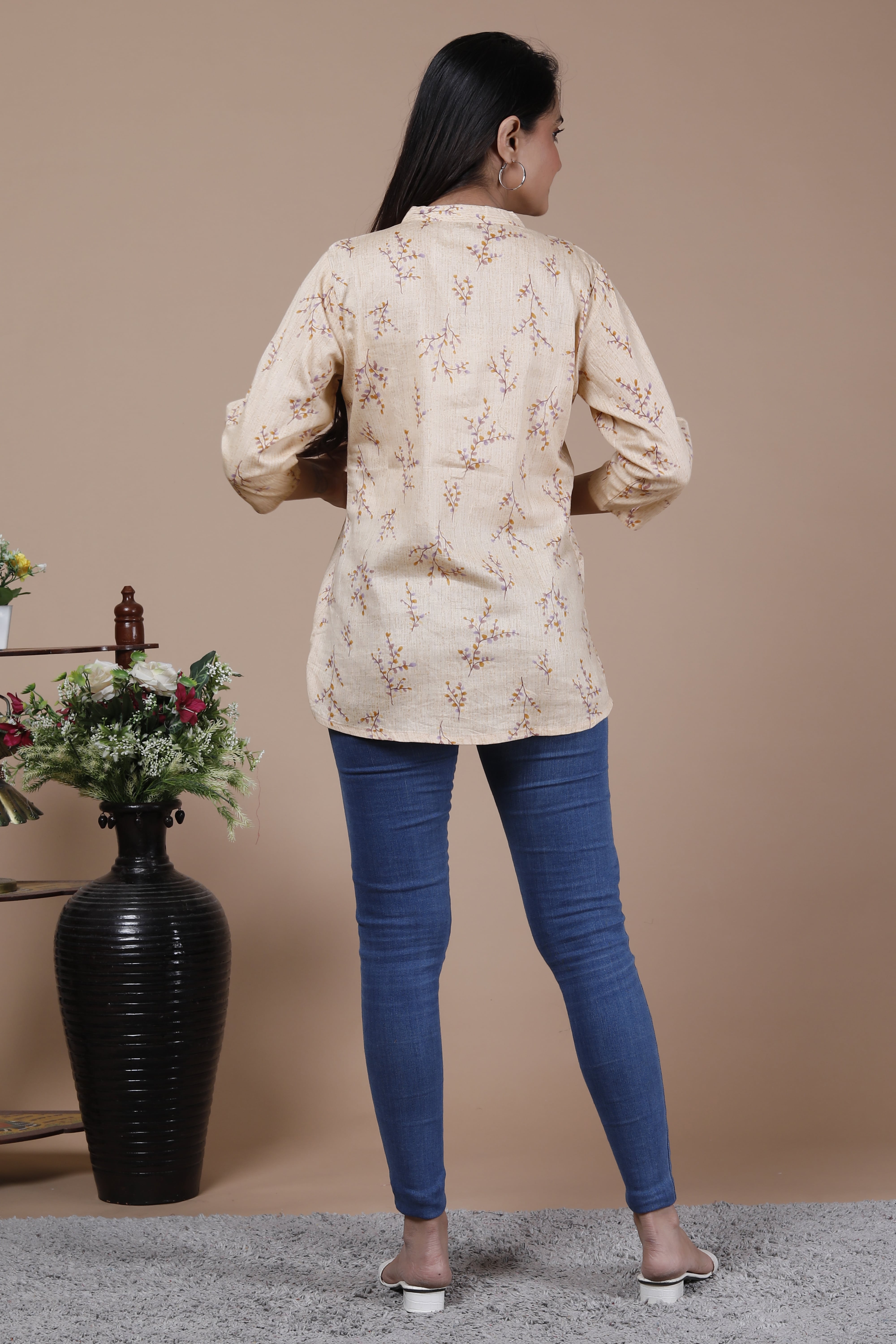Beige Floral Printed Cotton Top with Mandarin Collar