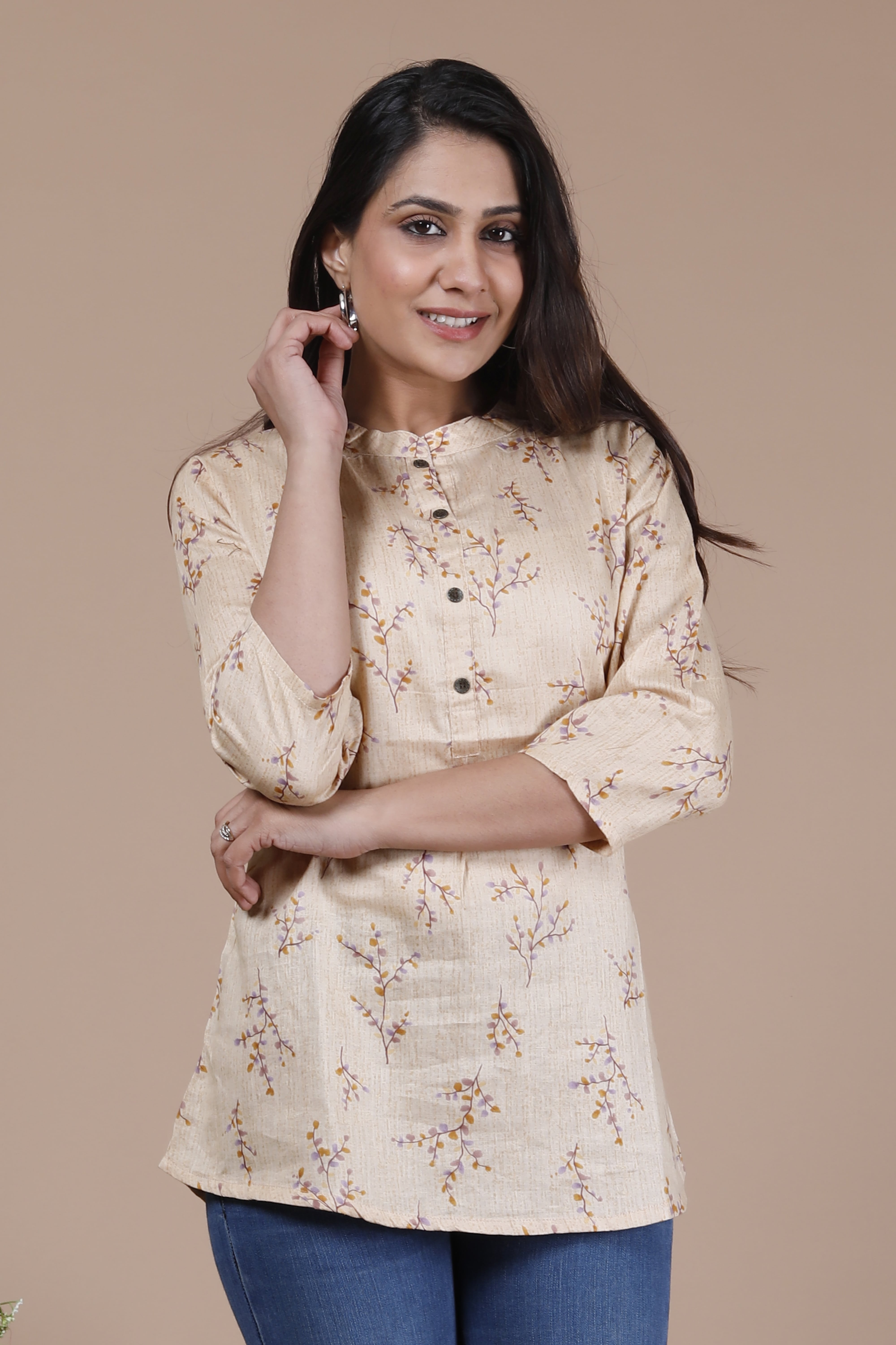 Beige Floral Printed Cotton Top with Mandarin Collar