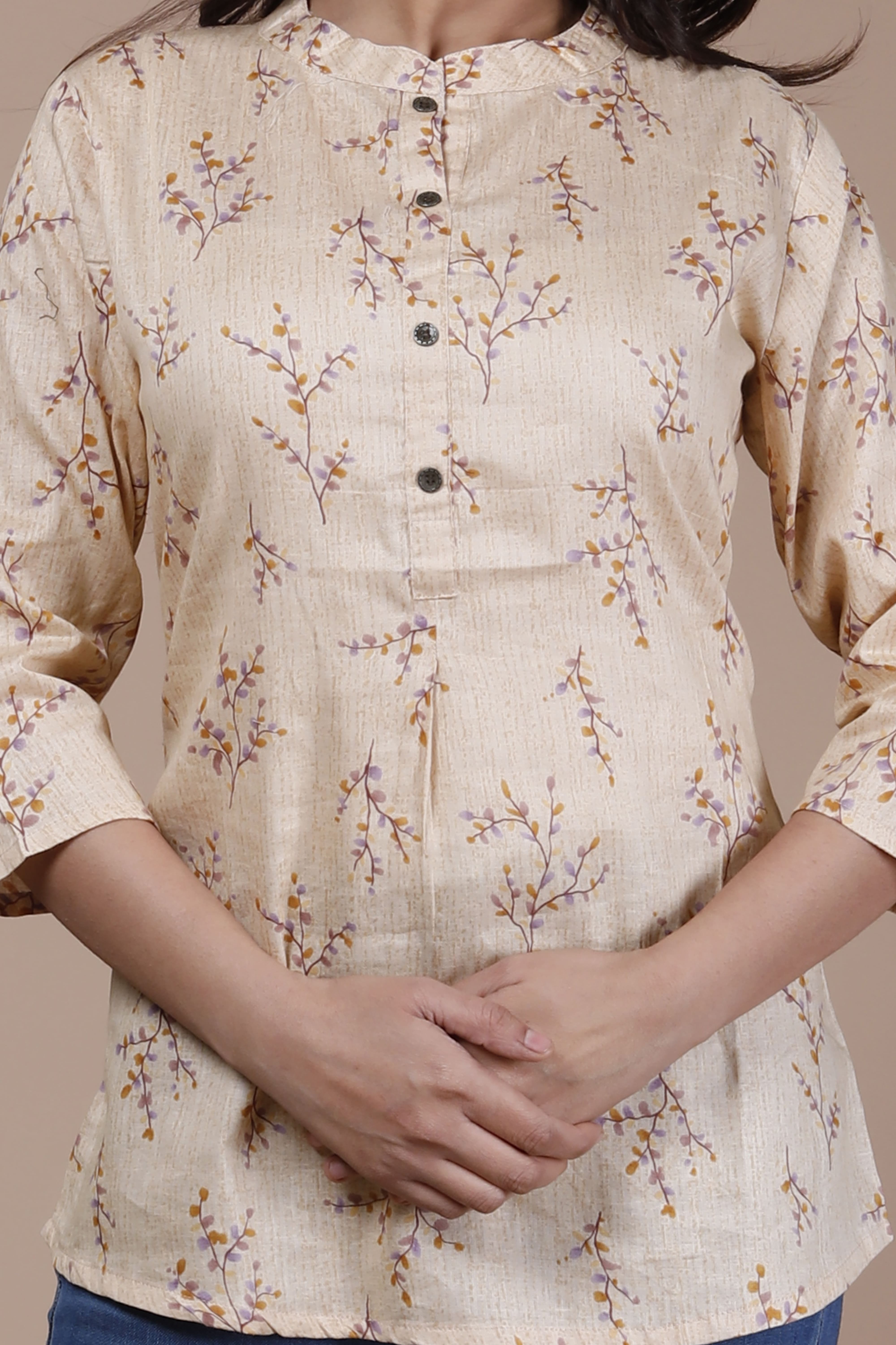 Beige Floral Printed Cotton Top with Mandarin Collar