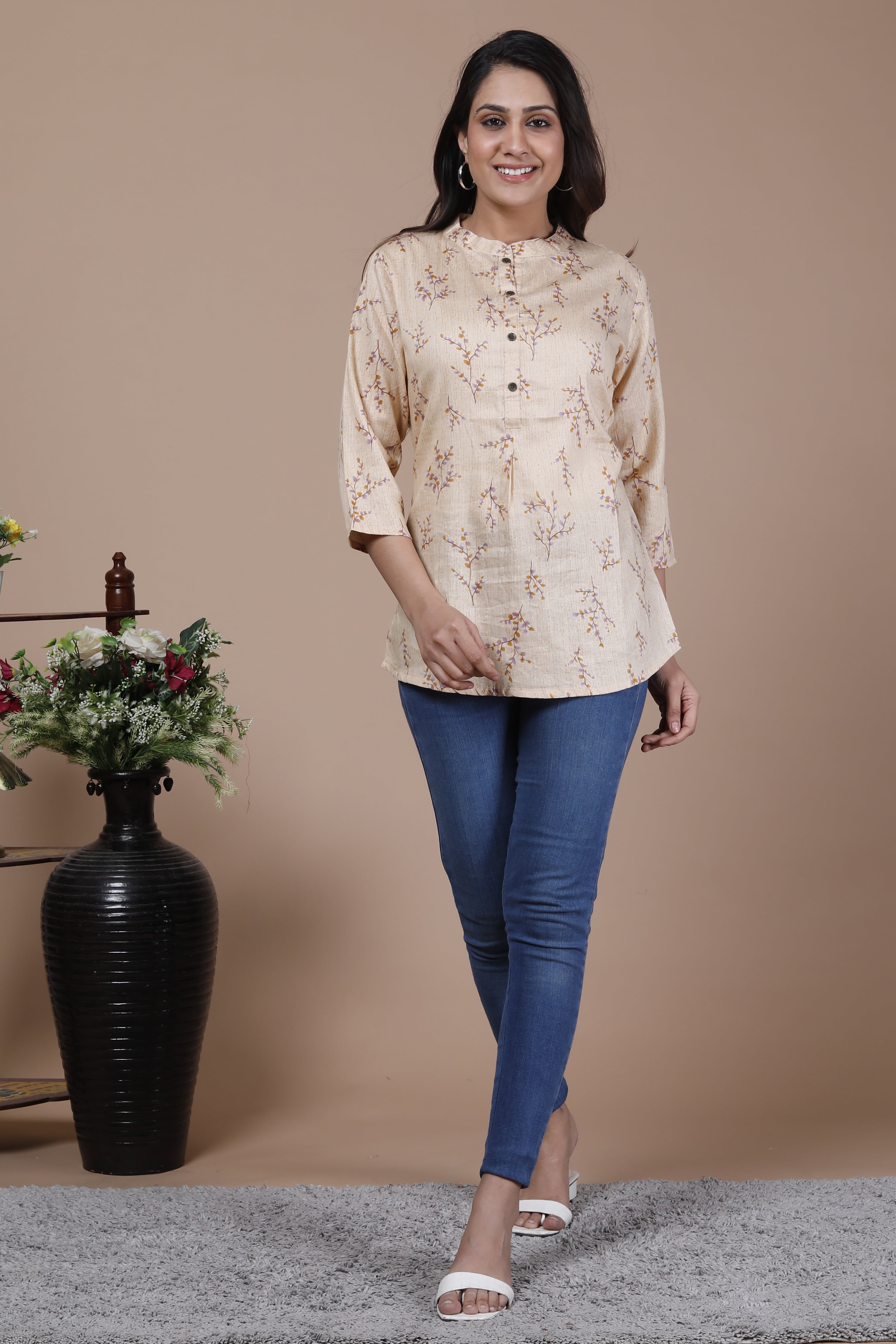 Beige Floral Printed Cotton Top with Mandarin Collar