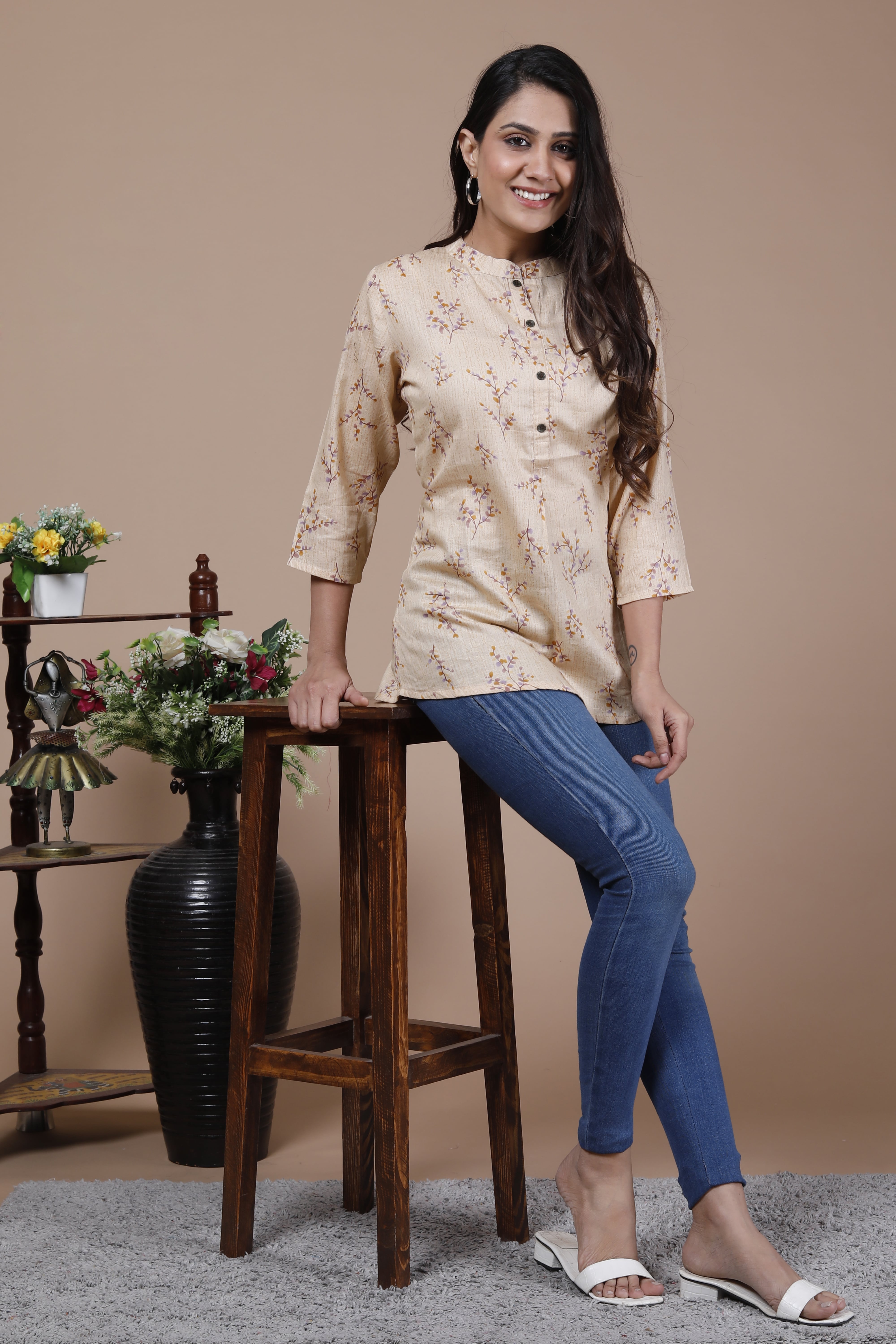 Beige Floral Printed Cotton Top with Mandarin Collar