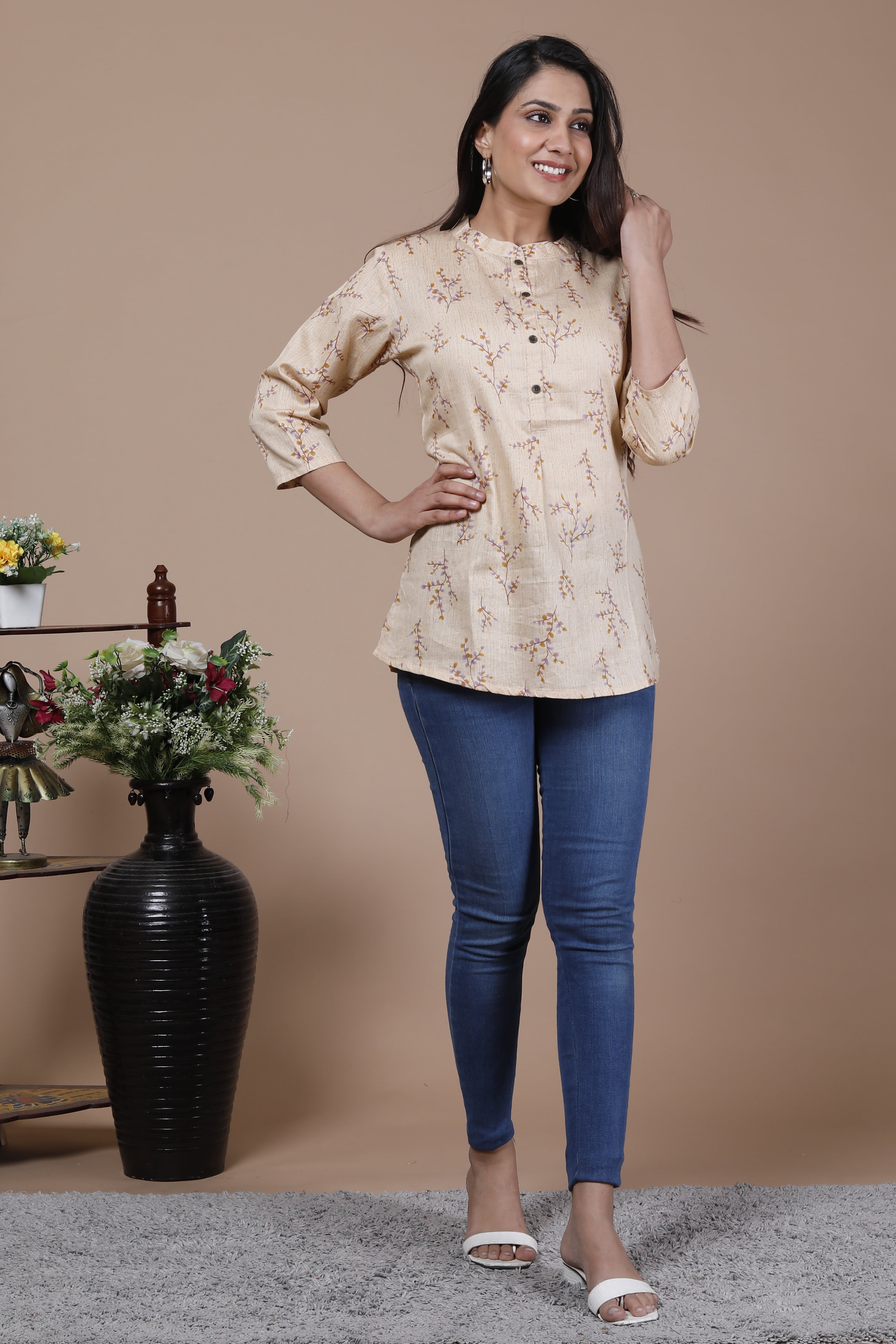 Beige Floral Printed Cotton Top with Mandarin Collar