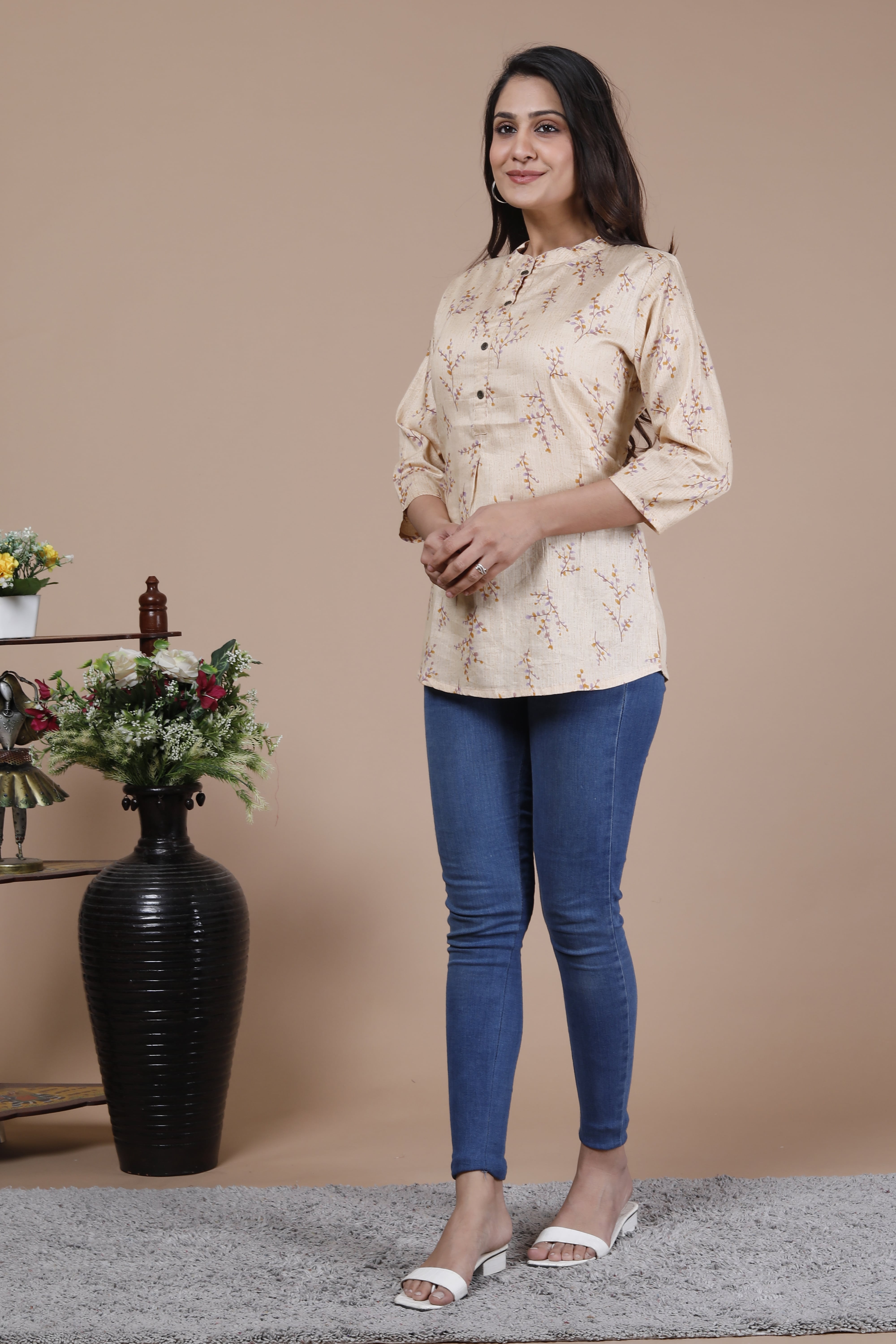 Beige Floral Printed Cotton Top with Mandarin Collar