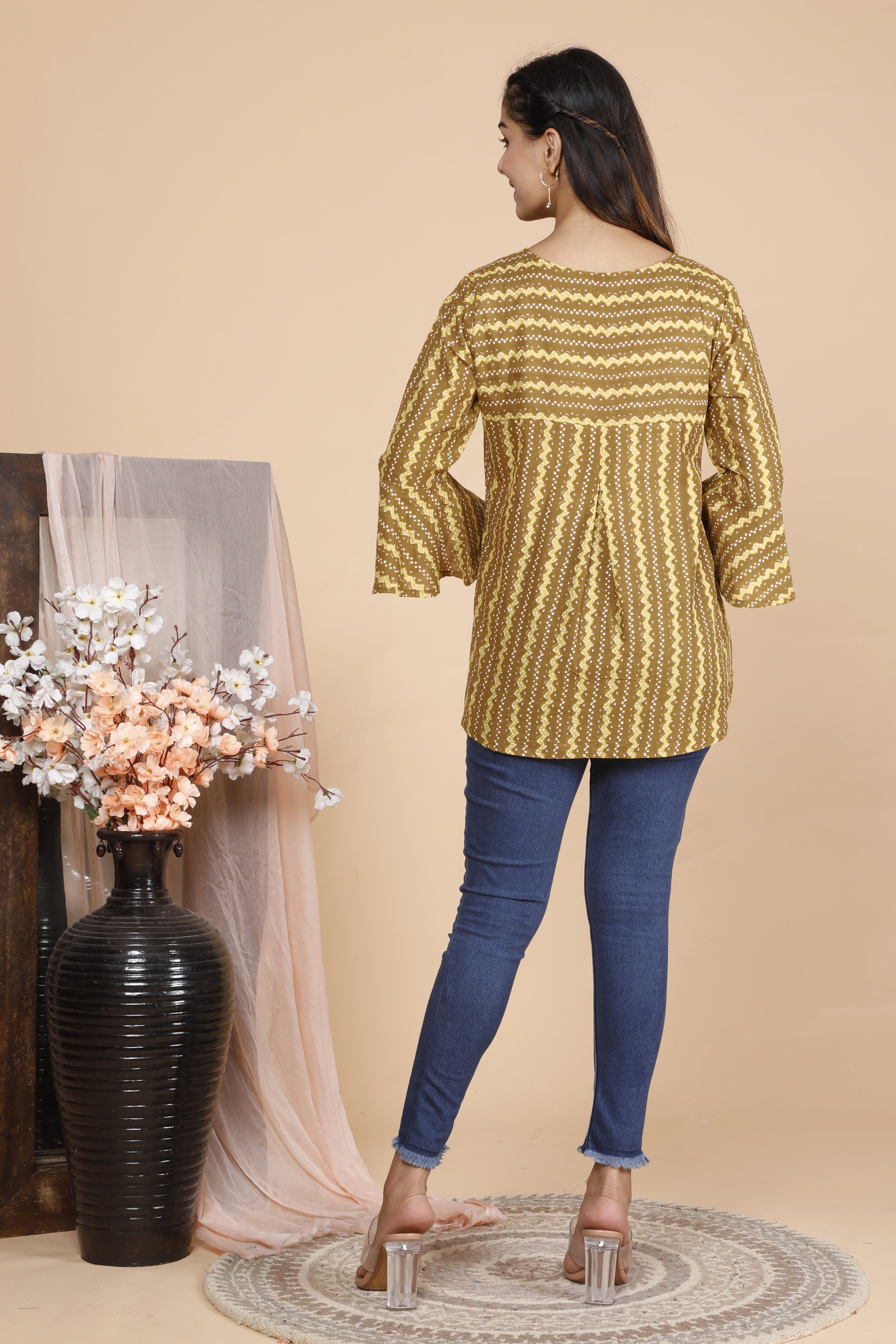 Olive Ethnic Printed Cotton Top with Tassel Tie-Up