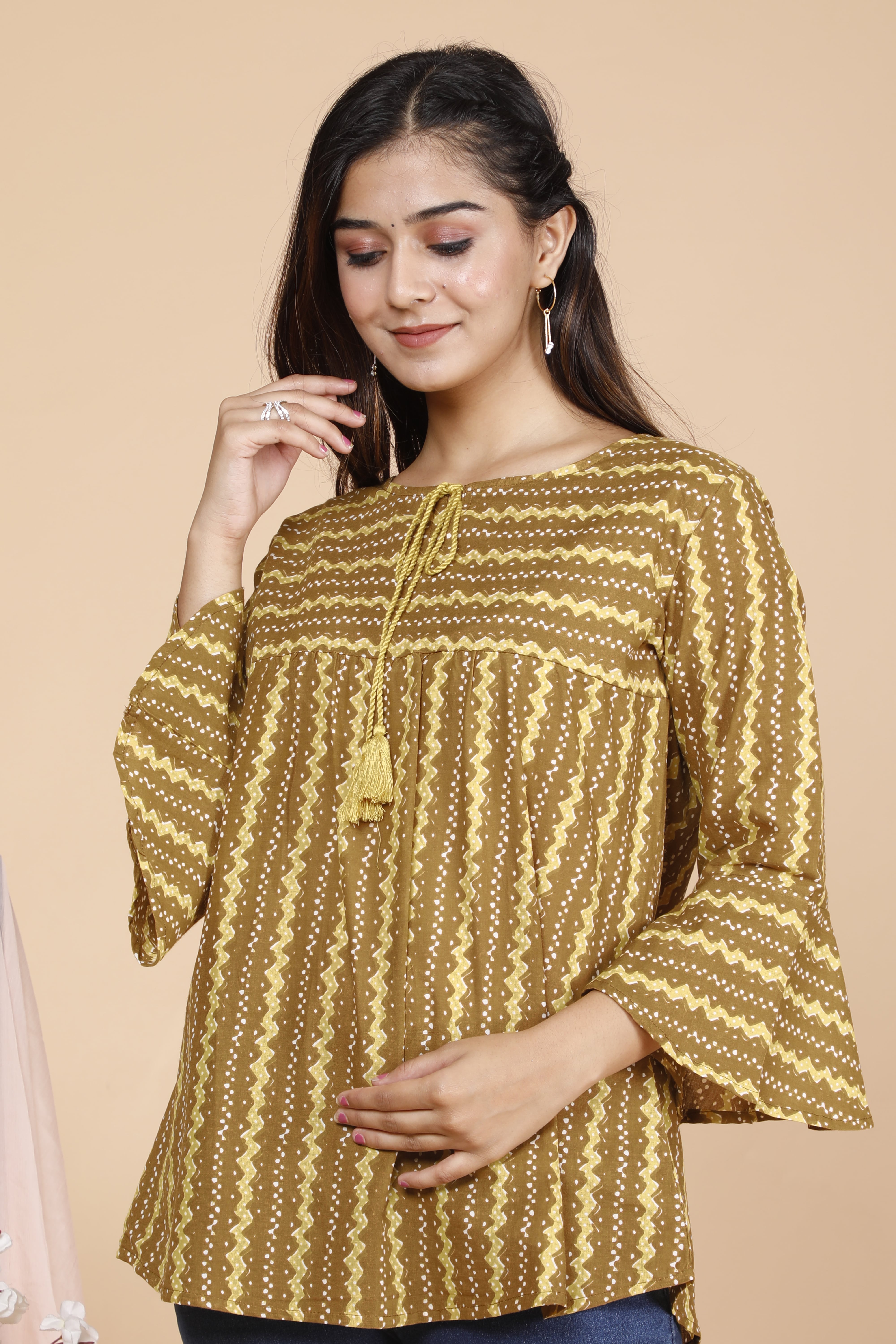 Olive Ethnic Printed Cotton Top with Tassel Tie-Up