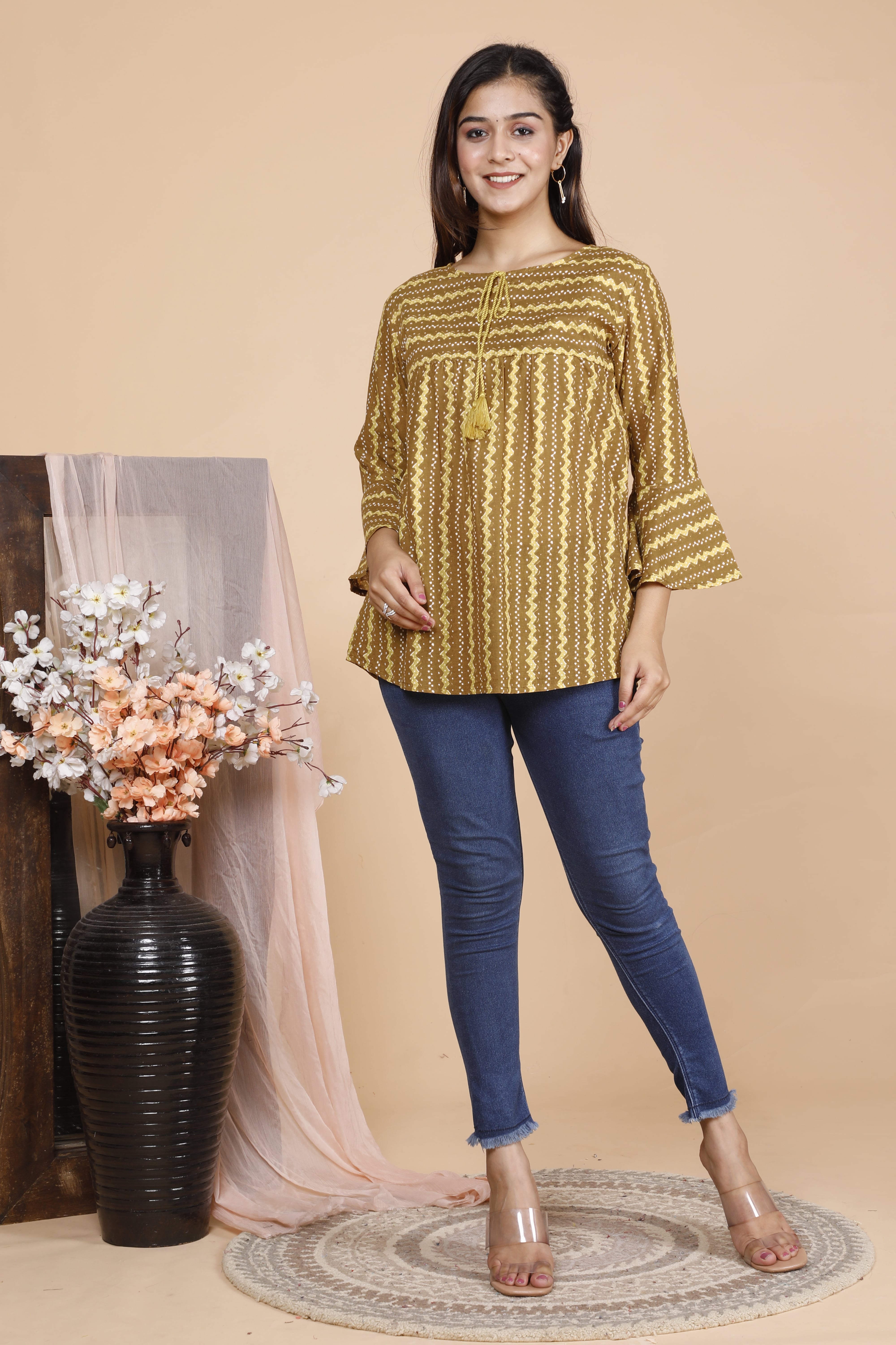 Olive Ethnic Printed Cotton Top with Tassel Tie-Up