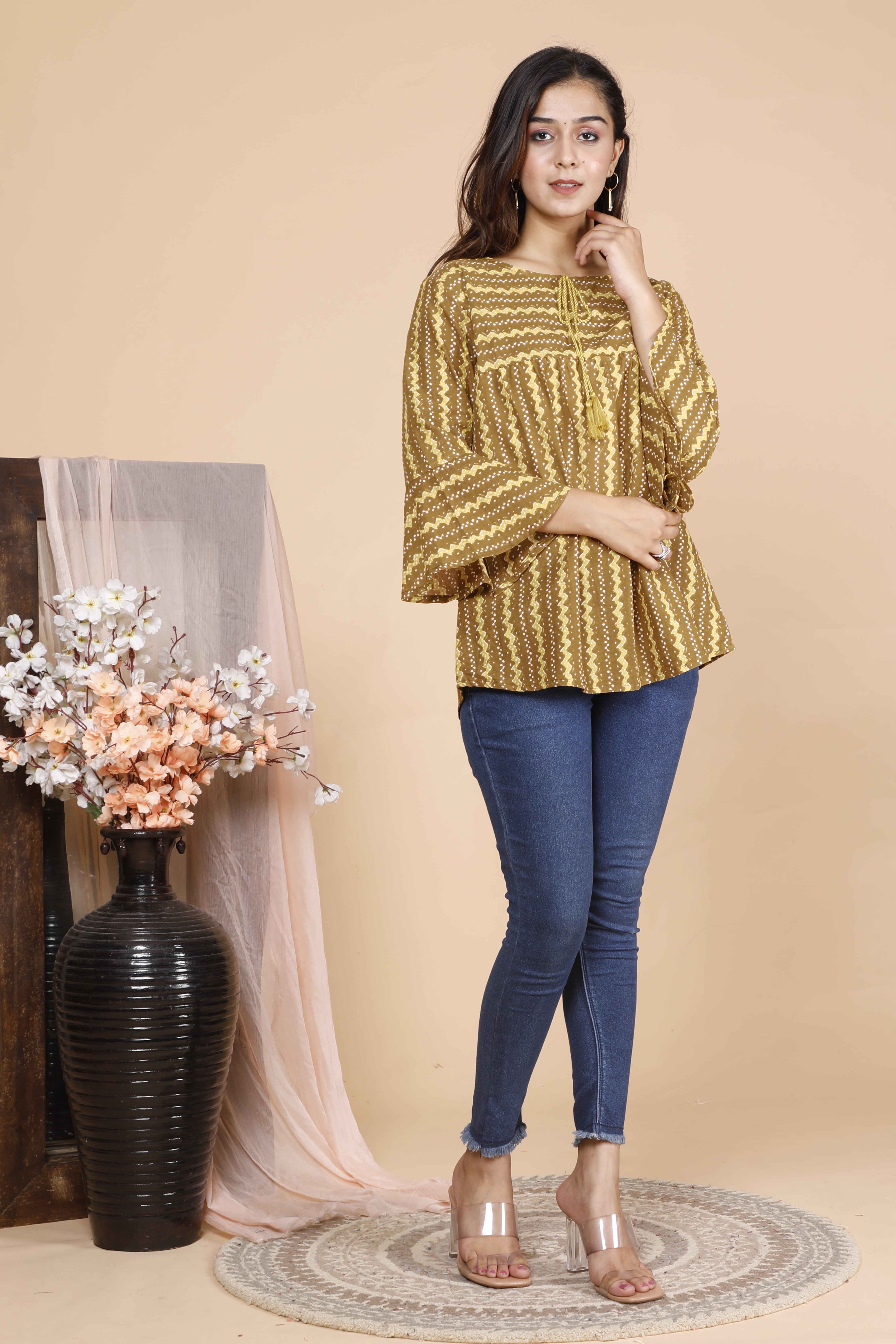 Olive Ethnic Printed Cotton Top with Tassel Tie-Up