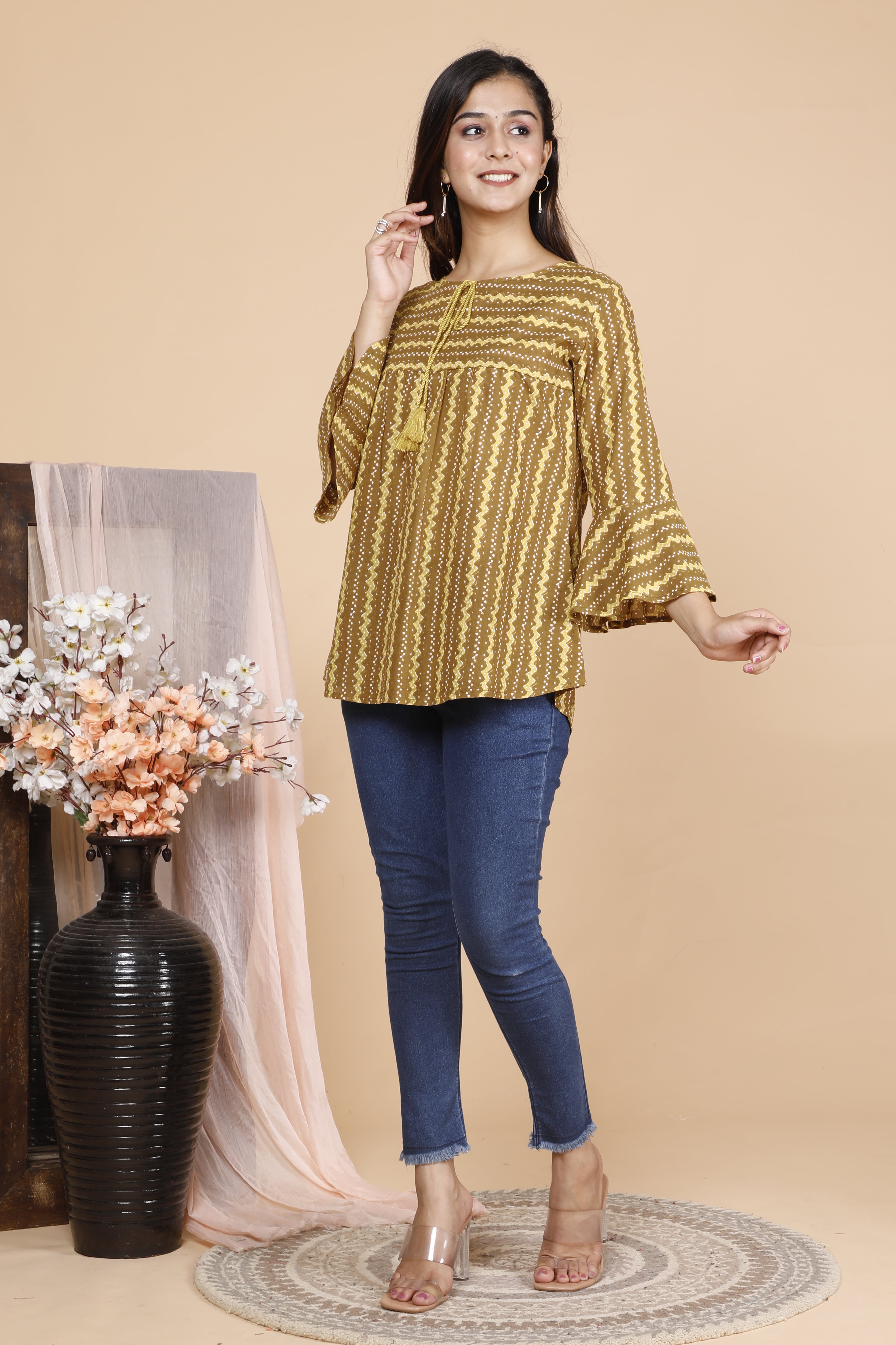 Olive Ethnic Printed Cotton Top with Tassel Tie-Up