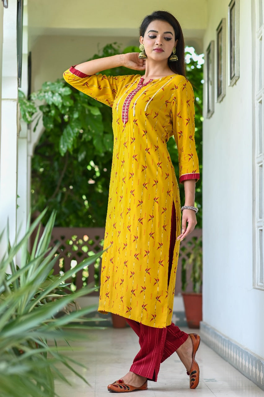 Mustard Printed Rayon Kurta Set with Maroon Dupatta & Pants
