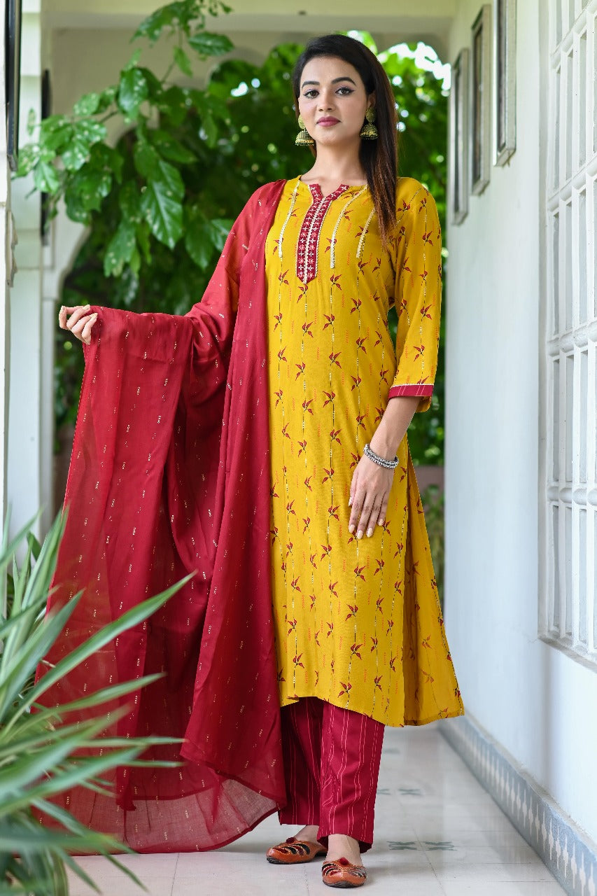 Mustard Printed Rayon Kurta Set with Maroon Dupatta & Pants