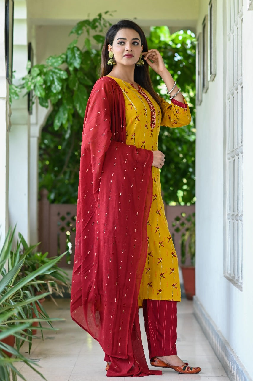 Mustard Printed Rayon Kurta Set with Maroon Dupatta & Pants