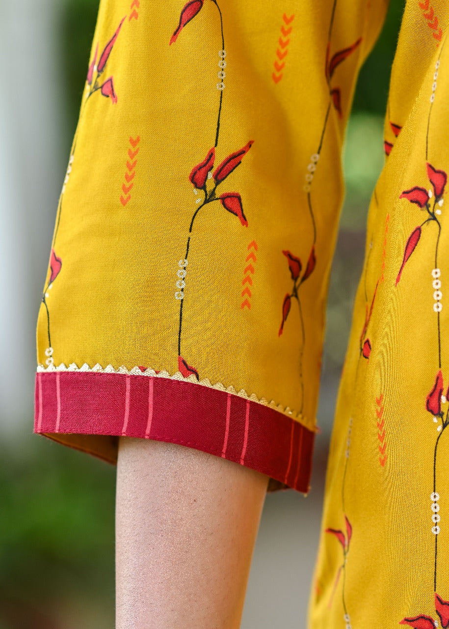 Mustard Printed Rayon Kurta Set with Maroon Dupatta & Pants