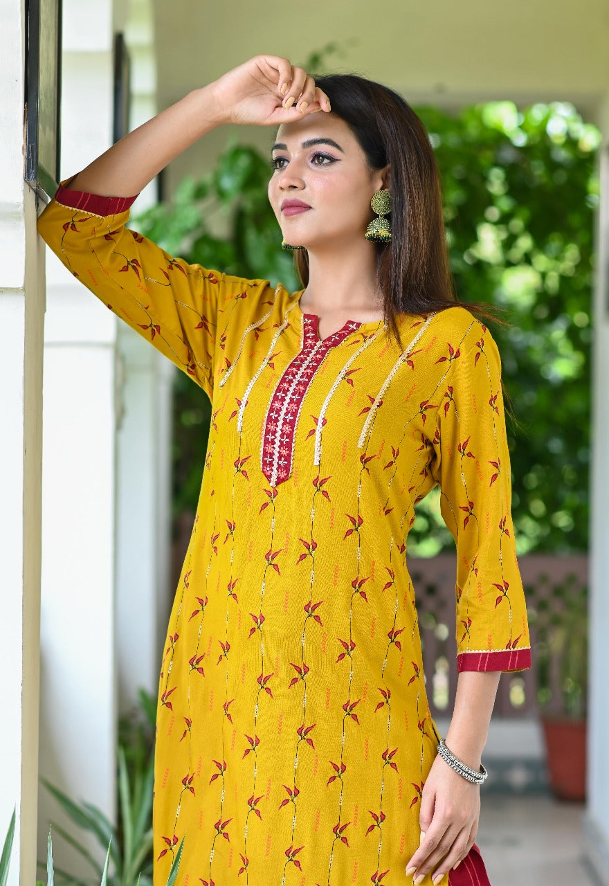 Mustard Printed Rayon Kurta Set with Maroon Dupatta & Pants