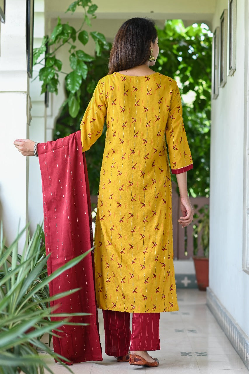 Mustard Printed Rayon Kurta Set with Maroon Dupatta & Pants
