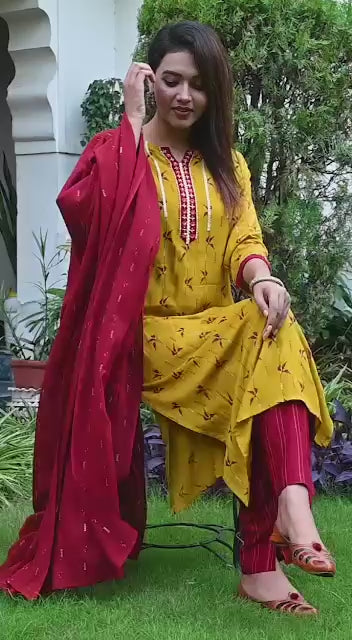 Mustard Printed Rayon Kurta Set with Maroon Dupatta & Pants