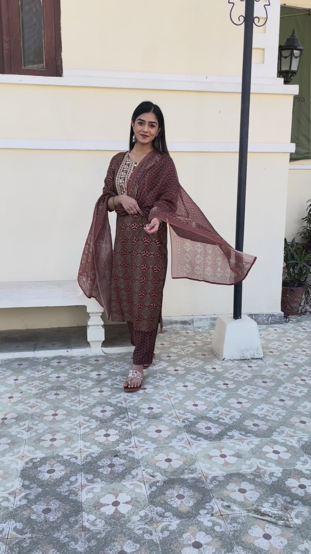 Rust Printed Kurta Set with Embroidered Yoke & Dupatta