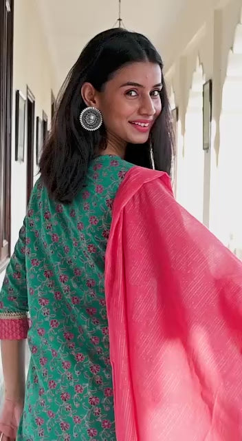 Teal & Pink Floral Printed Cotton Kurta Set with Dupatta