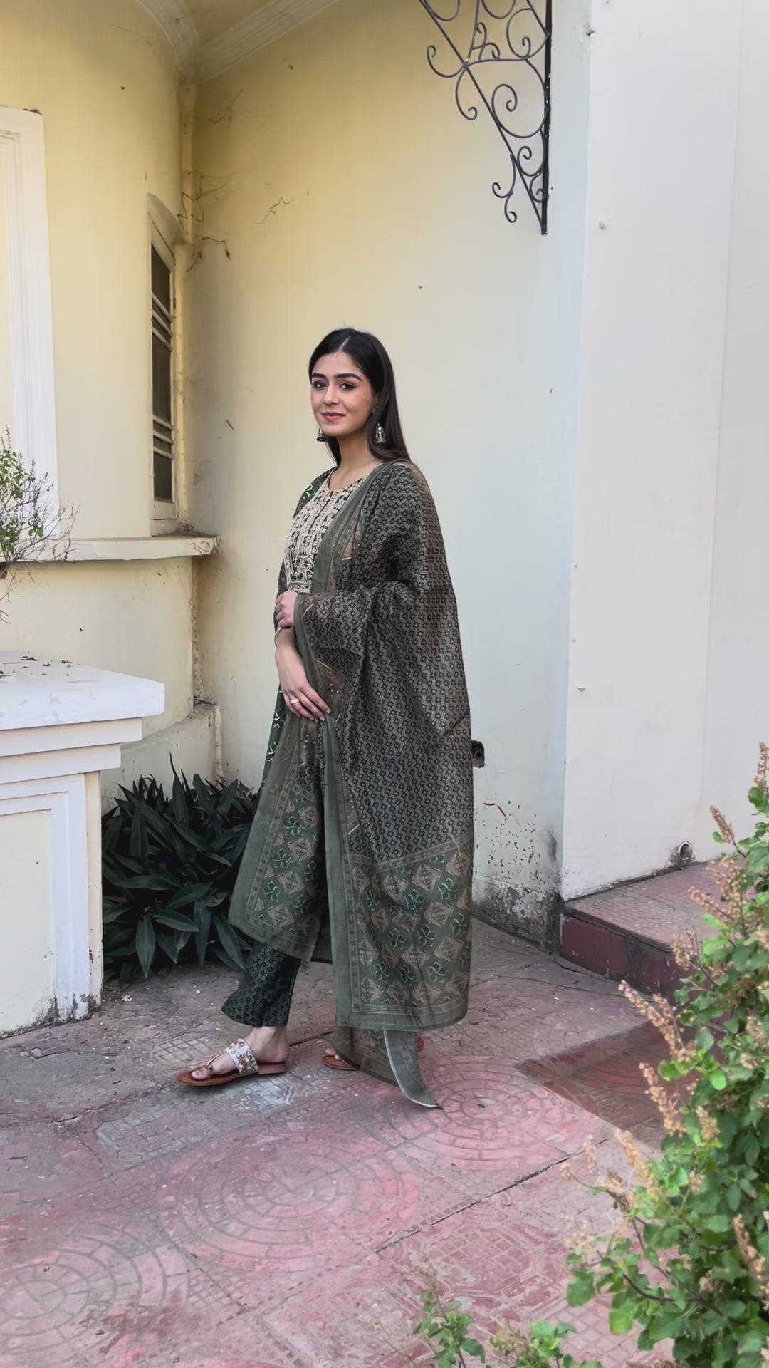 Elegant Green Embroidered Kurta Set with Printed Dupatta