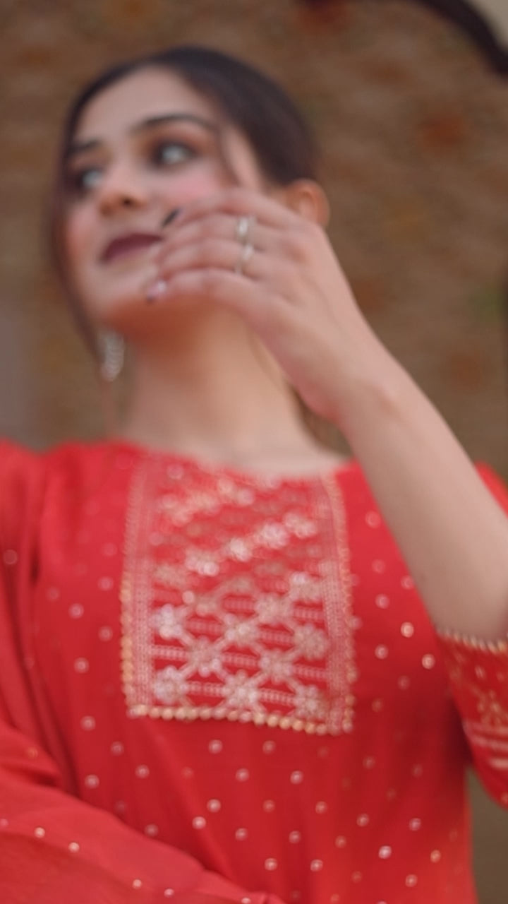 Radiant Red Festive Wear Kurta Sharara Dupatta Set