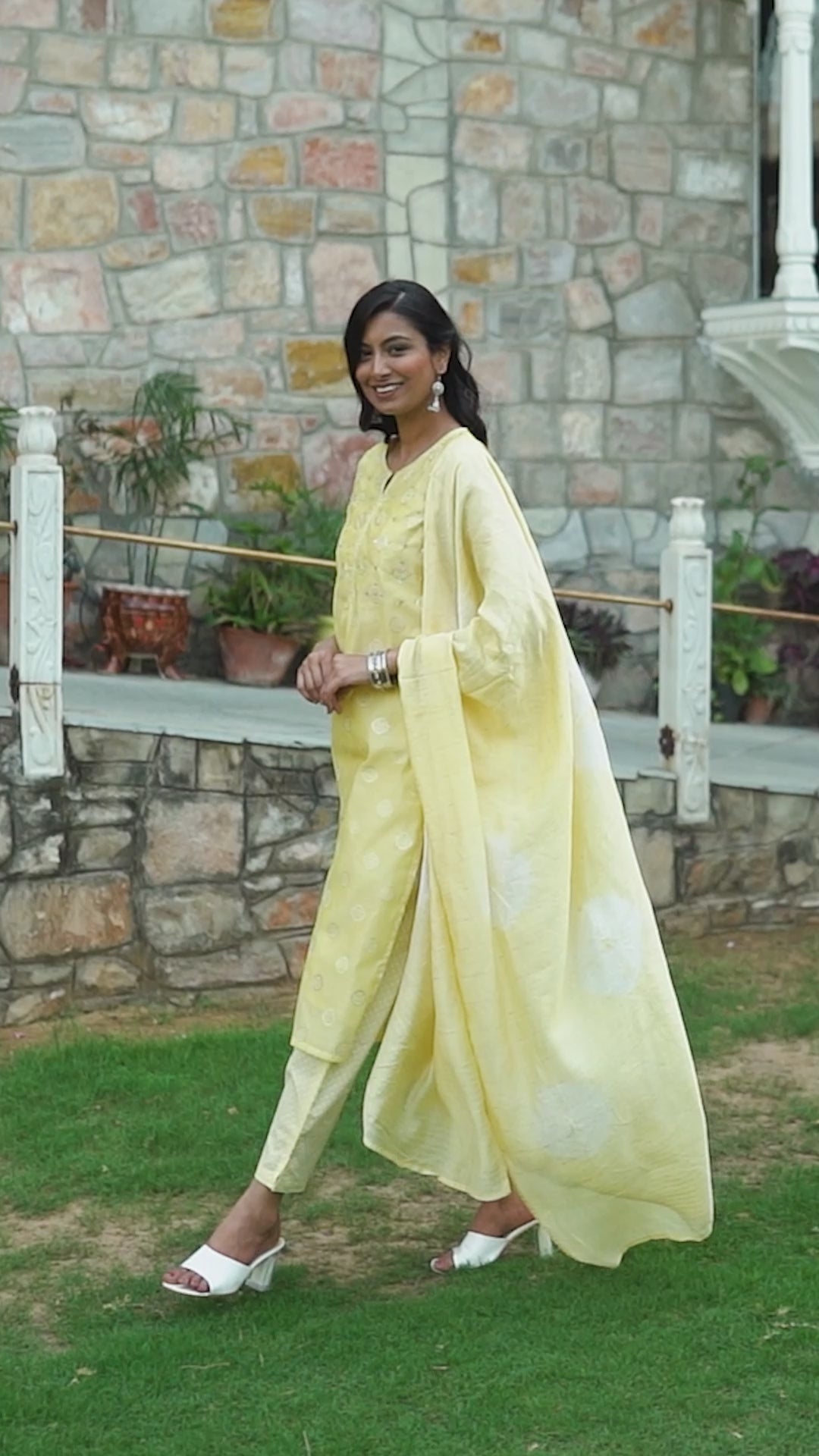 Yellow Chanderi Blend Straight Kurta Set with Pants & Dupatta