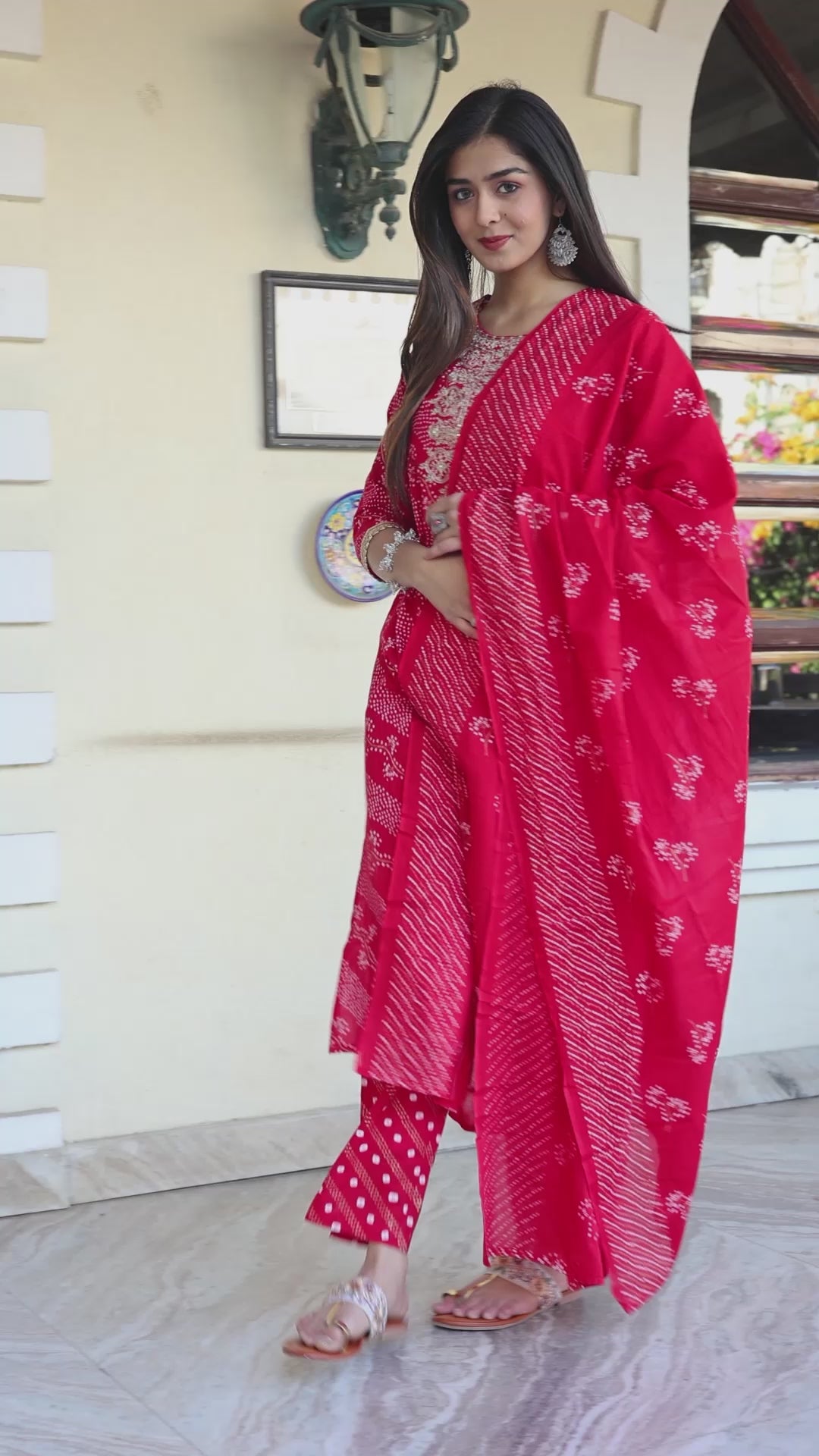 Red Bandhani Cotton Kurta Set with Dupatta